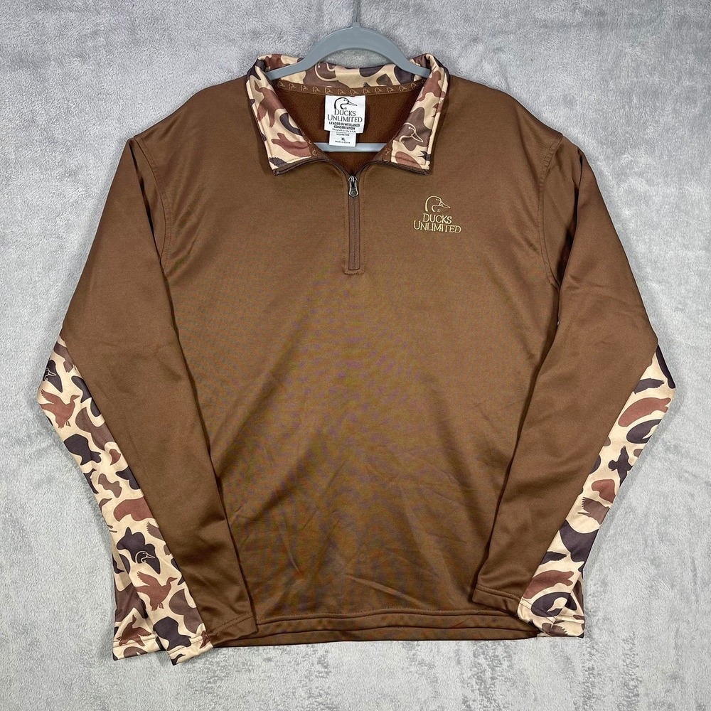 Ducks Unlimited Pullover Men XL Brown Camo Quarter Zip Fleece Lined Sweatshirt